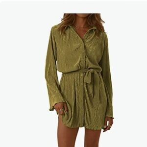 Pleated Olive Long Sleeve Button Up Collared Toe Waist Mini Dress